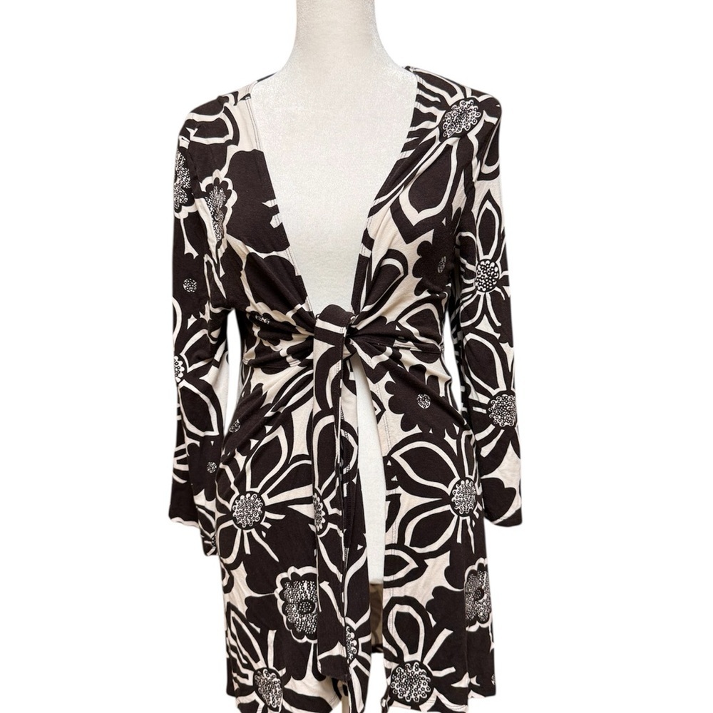 Cabi Brown & White Floral Tie-Front Cardigan – Size Large